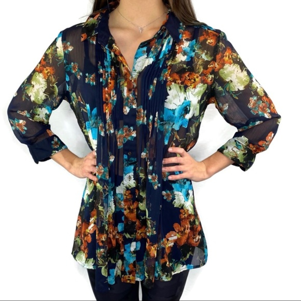 Fever Boho Sheer Floral Navy Button Down Tunic with Tuxedo Front Medium